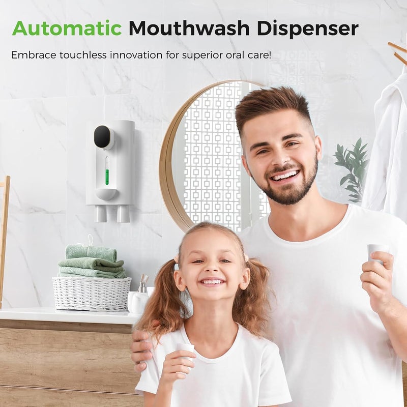 oylik Automatic Mouthwash Dispenser 18.26 oz Touchless Mouthwash Dispenser for Bathroom 2 Magnetic Cup USB Rechargeable and 3 Dispensing Levels with Led Screen Wall-Mounted or Countertop Use-White - Image 2